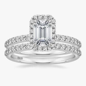NWT-2CT .925 Sterling Silver Vintage Emerald Cut CZ Wedding Ring Sets